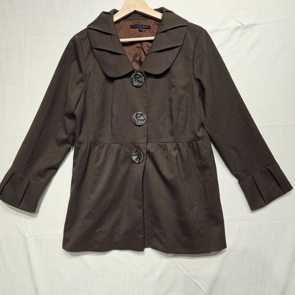 Andrea Behar Wool Blend Peplum Blazer Jacket Sz 10 Brown Scallop Collar USA Made
